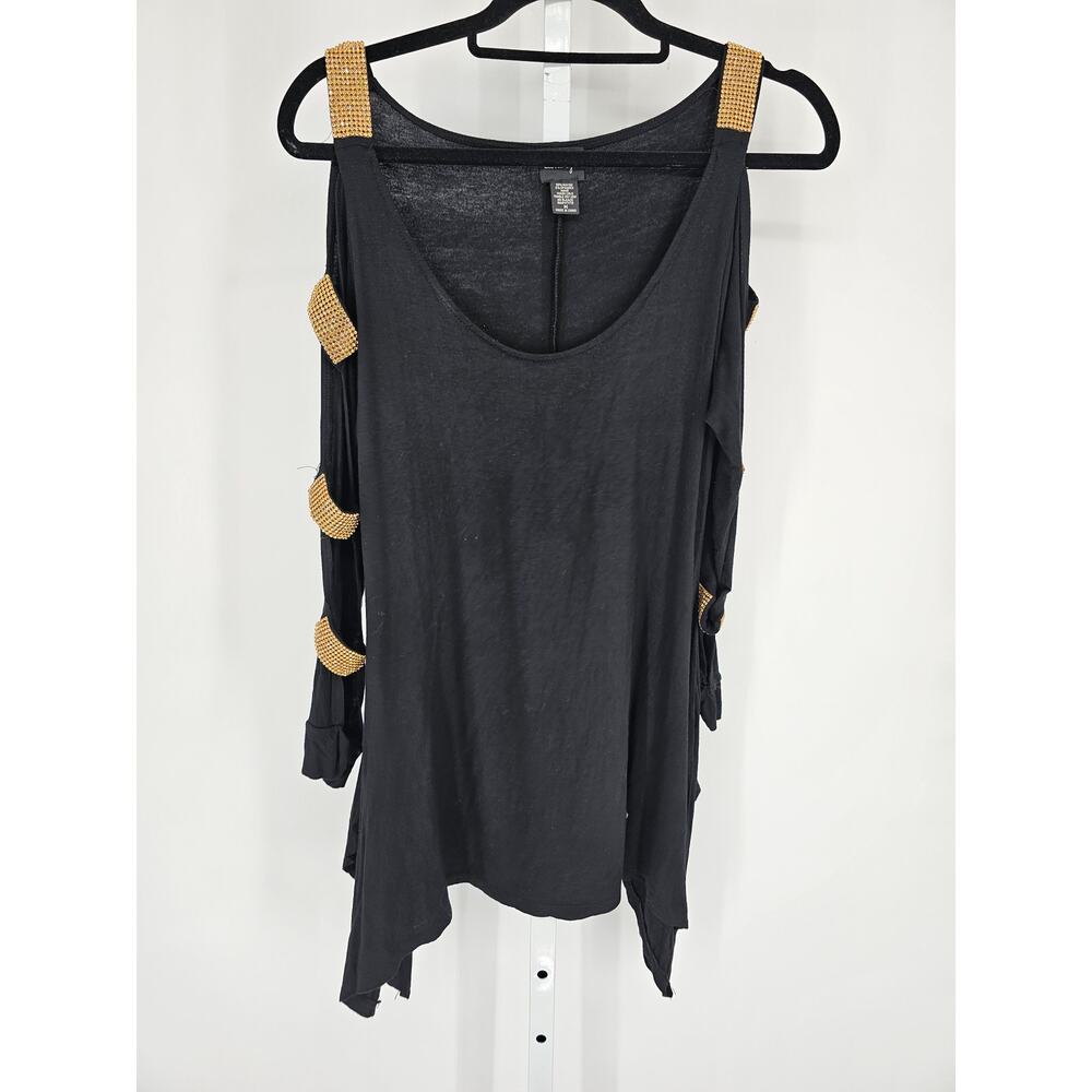 La Vanya Womens Sz M Long Sleeve Cold Shoulder Blouse Black w/ Gold Rehinestones